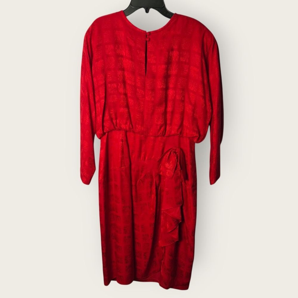 Vintage Liz Petites Red Silk Dress Ruched Ruffle Detail Long Sleeve Size 10